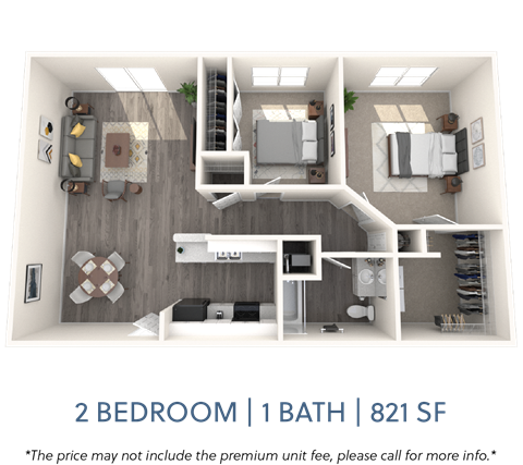 Floor plan for 2 beds, 1 bath, 821 sqft
